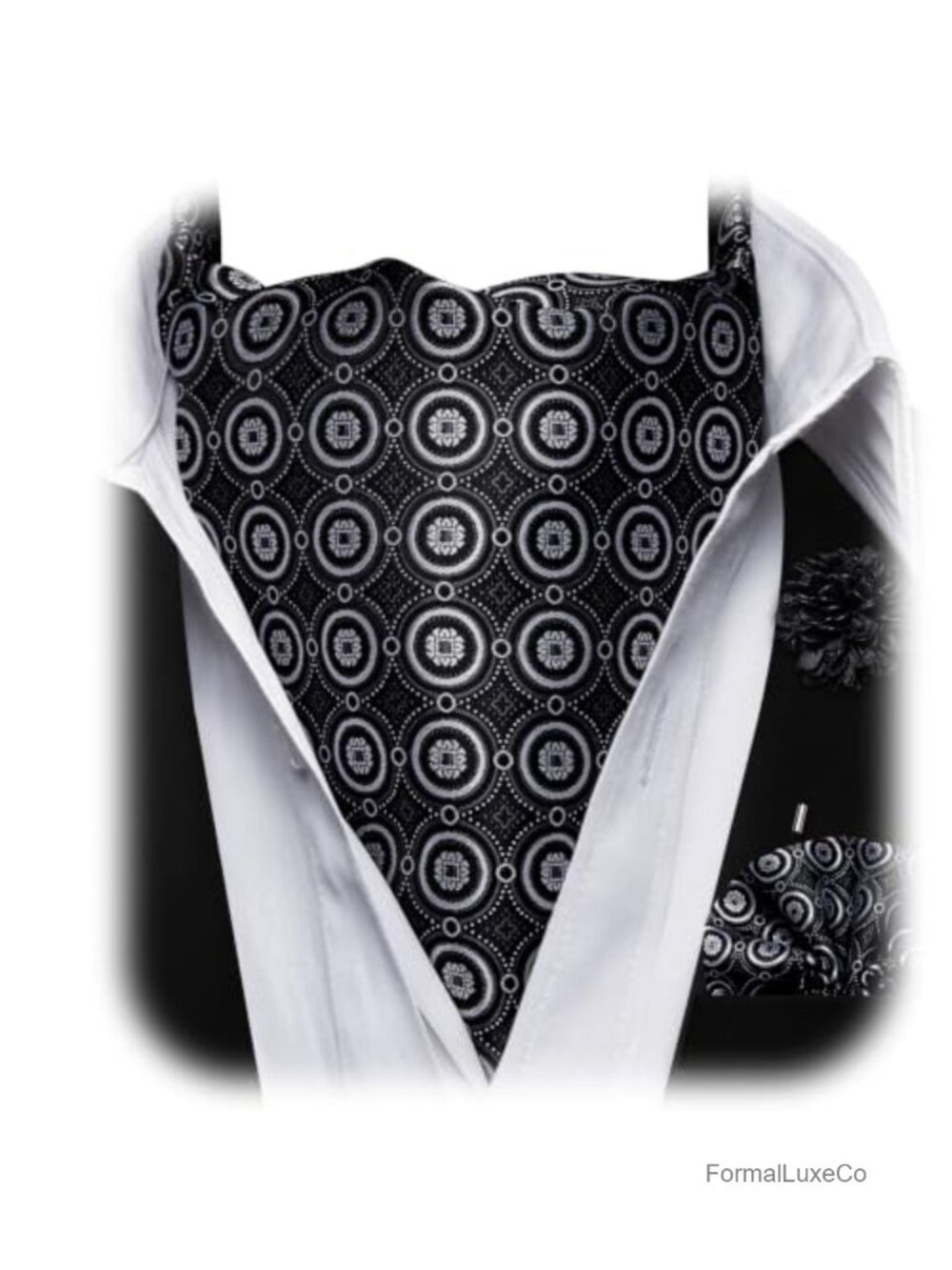 Men's Silk Ascot Tie Set with Pocket Square & Lapel Pin Wedding Formal